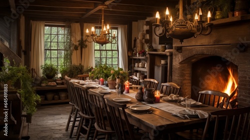 Generate a rustic, countryside dining room with a farmhouse table, mismatched chairs, and a chandelier casting a warm glow over the setting