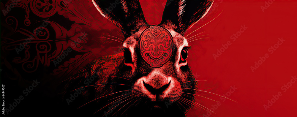Chinese new year of the rabbit on red colours. Created with Generative AI Chinese new year of the rabbit on red colours. Created with Generative AI