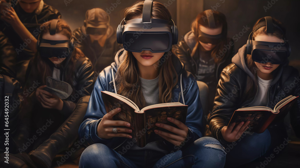 Obraz premium young girl is reading a book in a group of kids with vr glasses