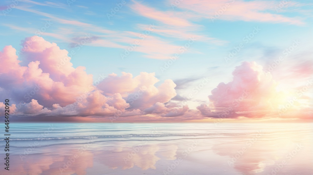 Produce an image of a tranquil beach at sunset with soft, pastel-colored clouds reflecting on the water's surface