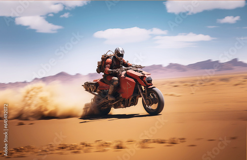 Extreme post-apocalyptic cyberpunk prototype motorcycle Riders racing on sand track, desert in the background. 