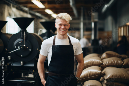 Professional coffee roaster in the background of production, local roastery and bags of coffee. photo