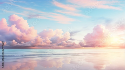 Produce an image of a tranquil beach at sunset with soft, pastel-colored clouds reflecting on the water's surface