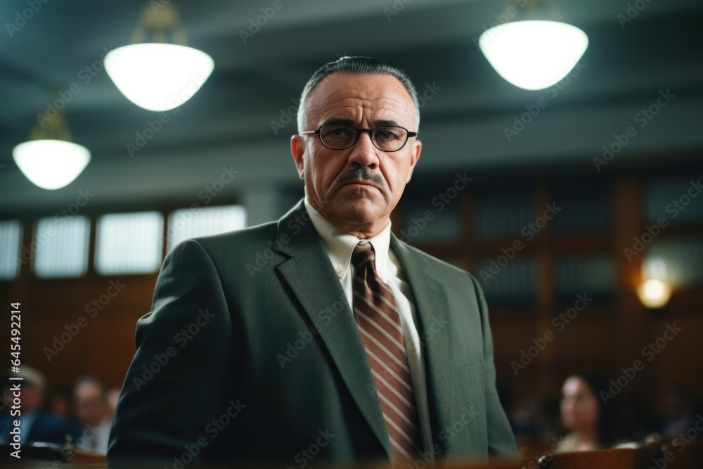 Naklejka premium Lawyer in suit portrait in courthouse. Close up view.