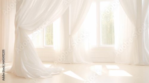 Romantic Dreamy White Interior with Sunny Windows and Curtains. Bright Warm Tones  Bridal Mock Up.