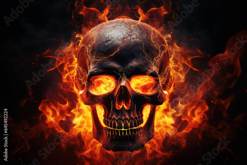 Skull in Fire on Black Background