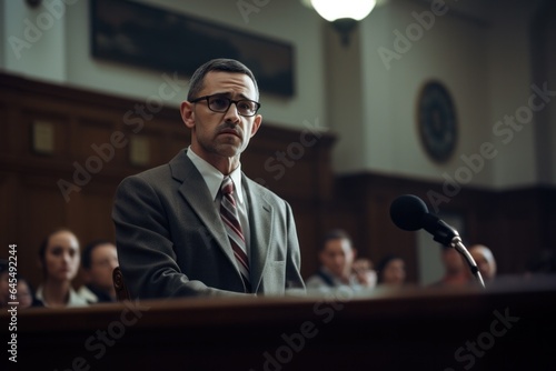 Lawyer in suit portrait in courthouse. Close up view.