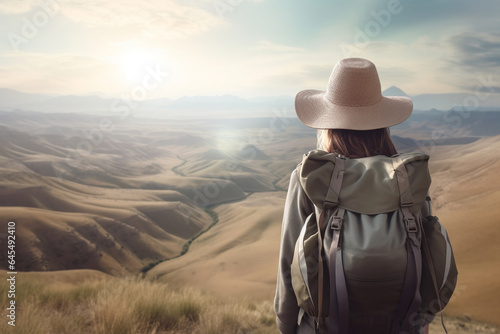 girl tourist stands on a Iceland. a traveler with a backpack and a hat stands with his back with a beautiful Iceland view. Generative AI
