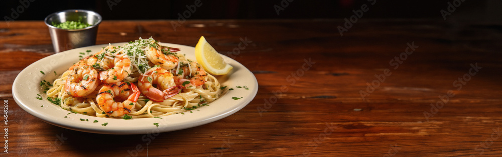 Gourmet Elegance: Captivating Shrimp Scampi Close-Up on a Beautifully Crafted Plate. Garlic butter, and the pasta is perfectly al dente, adorned with fresh herbs.