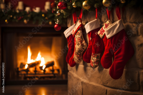 Christmas stockings hanging over a cosy fireplace on Christmas eve