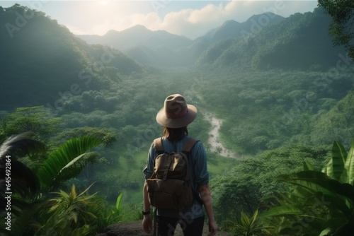girl tourist stands in the Amazon jungle. a traveler with a backpack and a hat stands with his back with a beautiful jungle view. Generative AI © Dmytro
