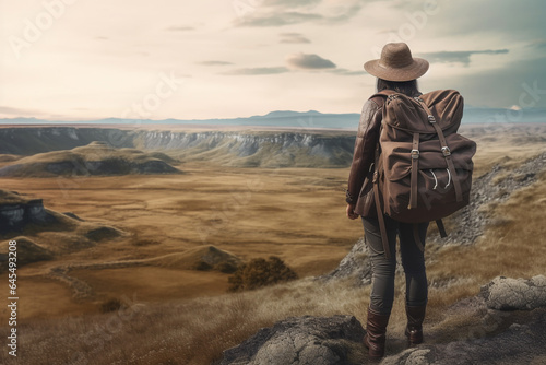 girl tourist stands on a Iceland. a traveler with a backpack and a hat stands with his back with a beautiful Iceland view. Generative AI