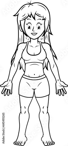 Mujer vista de frente con los brazos extendidos mostrando las diferentes partes del cuerpo, ilustración en blanco y negro.