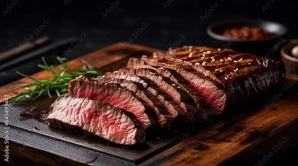 Sliced steak. Created with Generative AI technology.