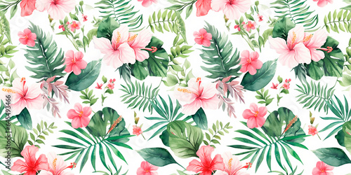 Seamless watercolor tropical patterns  with flowers and foliage. Japanese abstract style. Use for wallpapers  backgrounds  packaging design  or web design