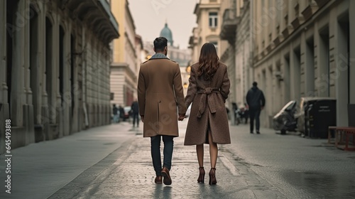 back view couple walking hand in hand in the city center