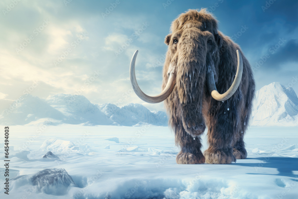 Photo & Art Print A woolly mammoth walking across a frozen tundra