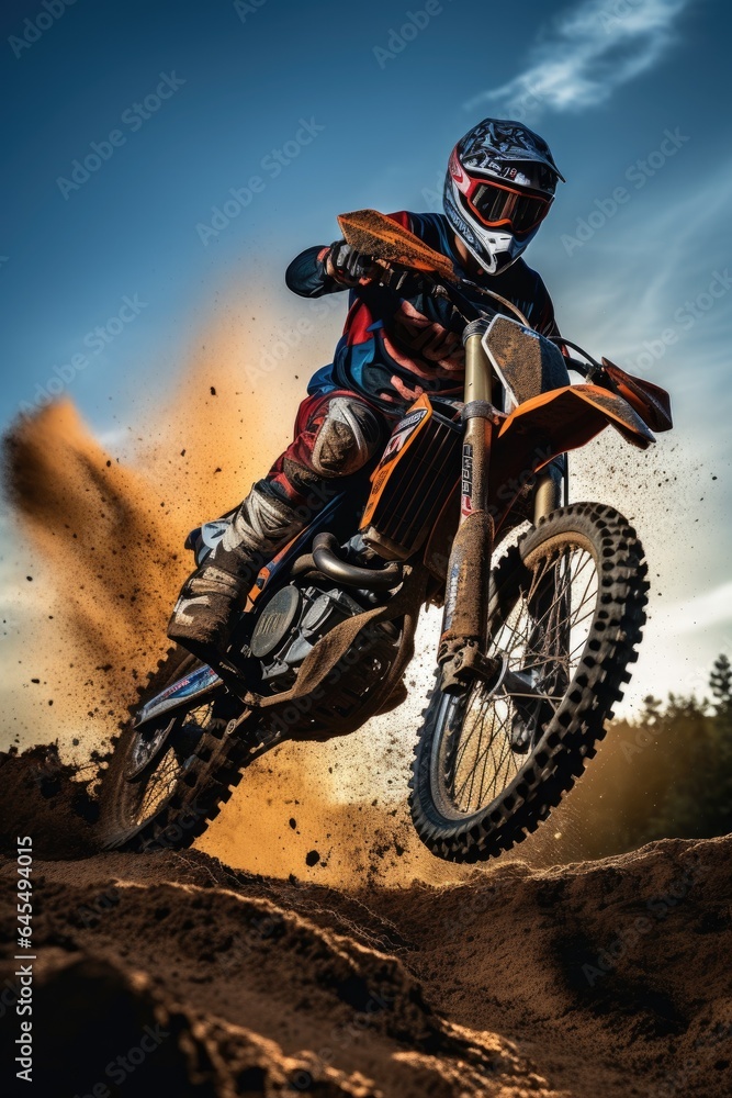Motocross racer performing on a dirt track. Generative AI Motocross racer performing on a dirt track. Generative AI