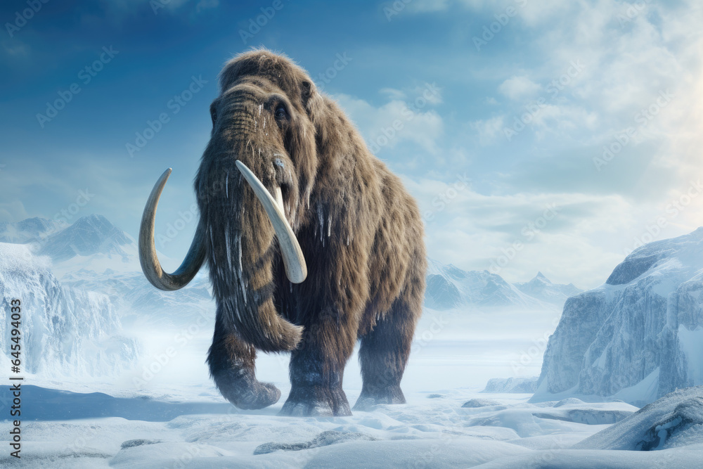 A woolly mammoth walking across a frozen tundra - obrazy, fototapety, plakaty 