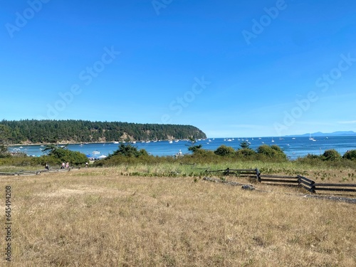 Fototapeta Naklejka Na Ścianę i Meble -  A faraway view of a crowded beach with people visiting and enjoying the waters of Tribune Bay, on a sunny summer day in Hornby Island, Canada.