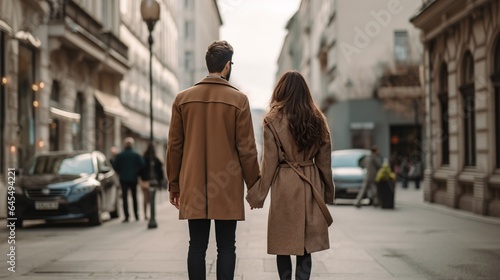 back view couple walking hand in hand in the city center © maretaarining