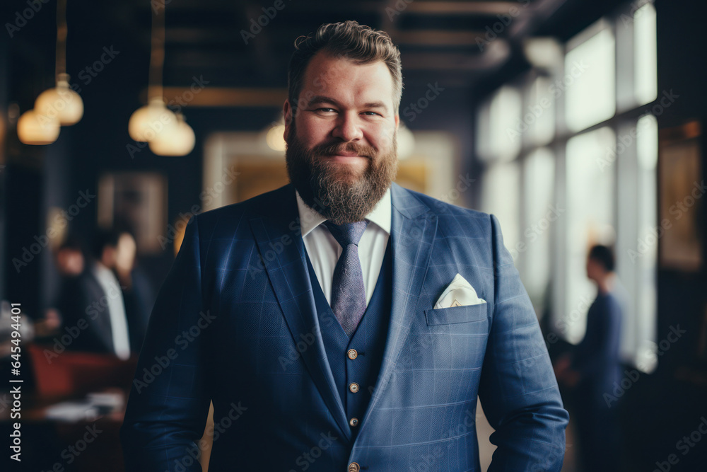 Confident bearded plus size man in elegant suit and tie looking at camera while standing on cozy office. Generative AI Confident bearded plus size man in elegant suit and tie looking at camera while standing on cozy office. Generative AI