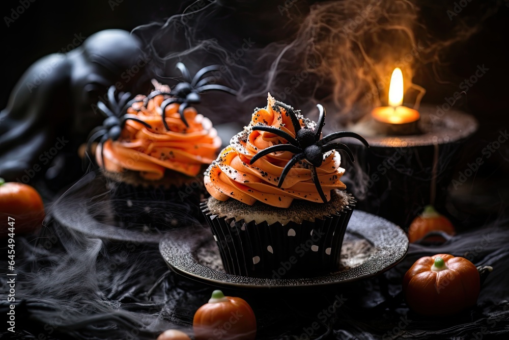 witch cupcakes and halloween ghost with spider Generative AI