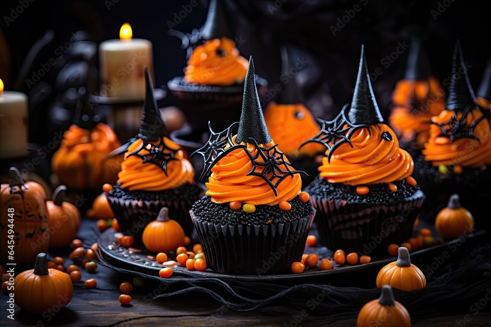 cupcakes decorated with witches hats and candy Generative AI cupcakes decorated with witches hats and candy Generative AI