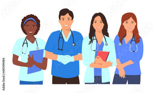 Doctors with stethoscope. Group of medical students or nurses. Vector illustration