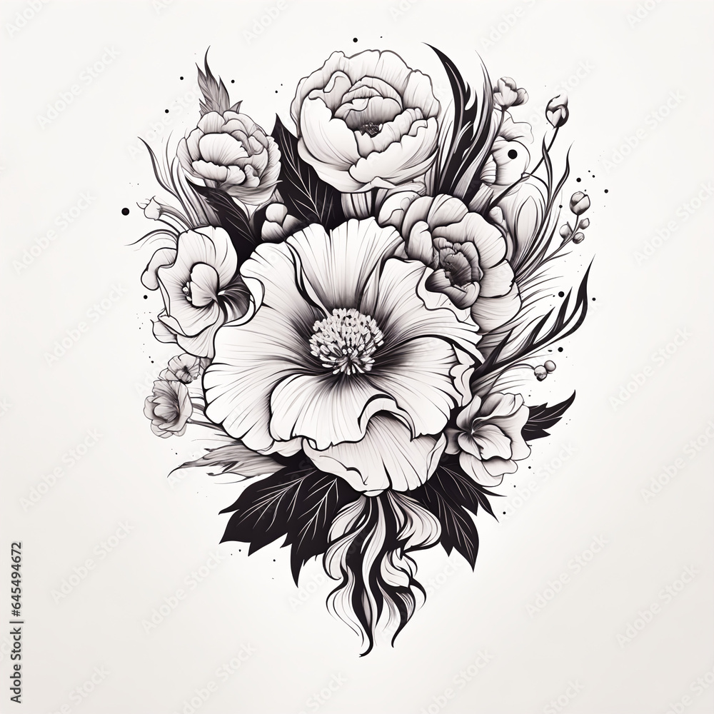 Tattoo-Inspired Floral Illustration for T-Shirt Design in Black and White with Bold Line Work and Traditional Elements