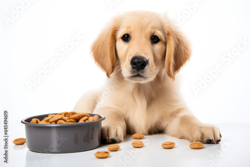 Adorable dog eating dog food on white background 