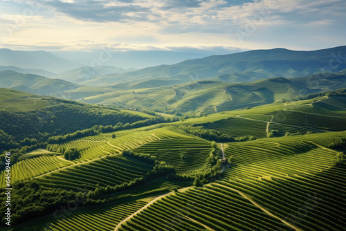 Aerial view over vineyard fields  rolling hills nature landspace
