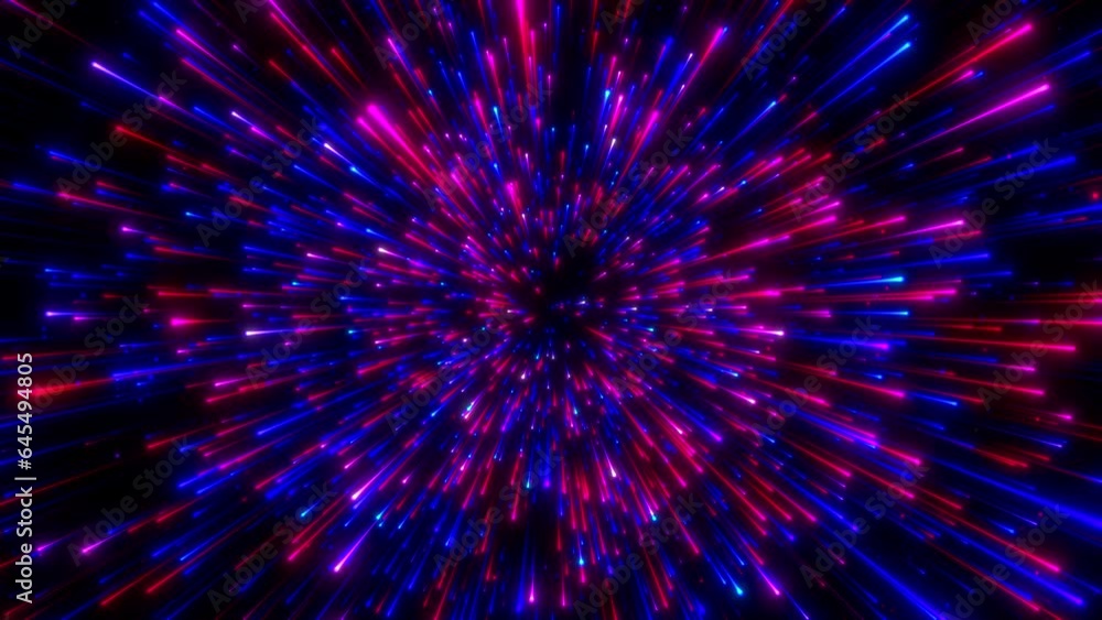 Abstract background in blue and red neon glow colors. Speed of light in galaxy. Explosion in universe. Cosmic background for event, party, carnival, celebration, anniversary or other. 3D rendering. Abstract background in blue and red neon glow colors. Speed of light in galaxy. Explosion in universe. Cosmic background for event, party, carnival, celebration, anniversary or other. 3D rendering.