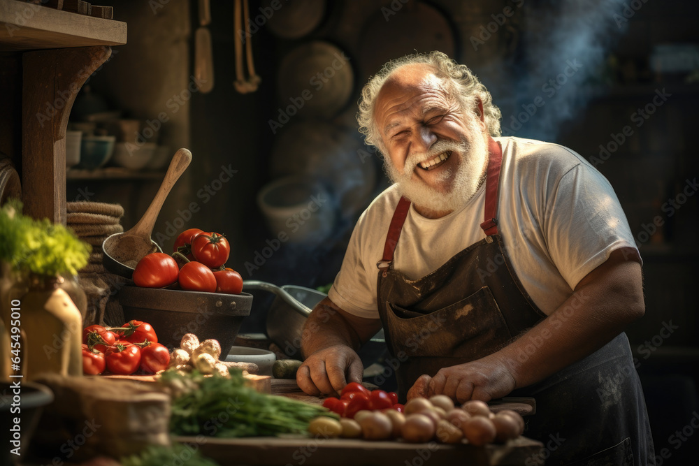 Aging man smiling happily while preparing food Aging man smiling happily while preparing food