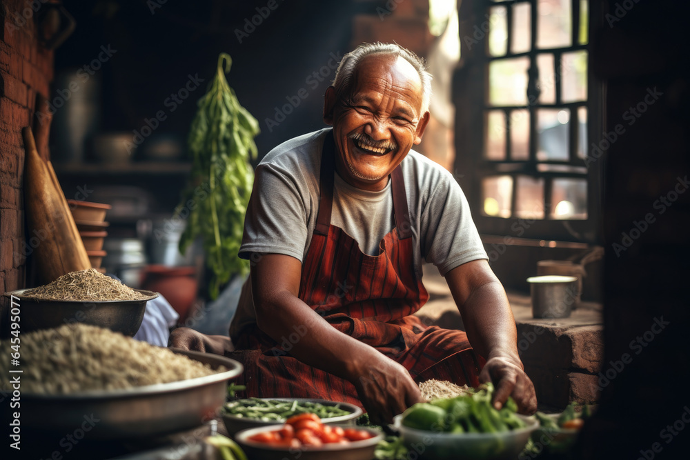Aging man smiling happily while preparing food
