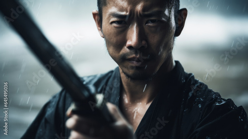 AI generated image of Asian man with Katana sword under the heavy rain photo