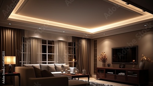 an empty room in an apartment or house  featuring an elegant white stretch ceiling with intricate shapes and integrated lighting. The complex ceiling design adds a touch of sophistication to the room.