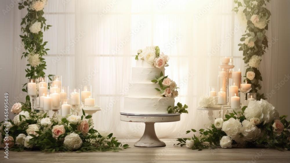 a stunning white wedding cake adorned with intricate flowers and delicate green leaves. The cake sits on a pristine white wooden background, creating an ambiance of timeless beauty.