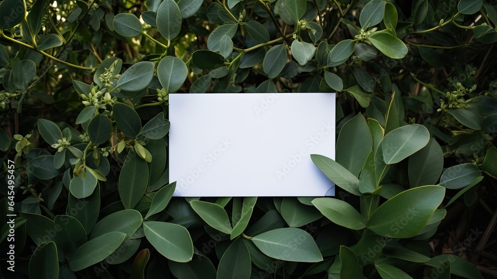 a blank invitation card and greeting card set amidst lush eucalyptus leaves, artfully arranged for a flat lay shot. The composition embodies the harmony of nature and design. a blank invitation card and greeting card set amidst lush eucalyptus leaves, artfully arranged for a flat lay shot. The composition embodies the harmony of nature and design.