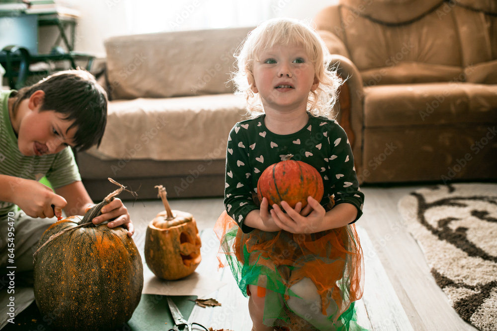 Fototapeta premium Smiling brother and sister create jack-o'-lanterns, bringing Halloween magic to life.