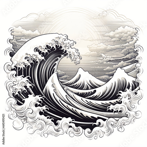 Tattoo-Inspired Wave Illustration in Black and White for T-Shirt Design with Bold Line Work and Traditional Elements