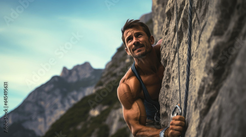 Young man climbing on overhanging cliff rock. Generative AI