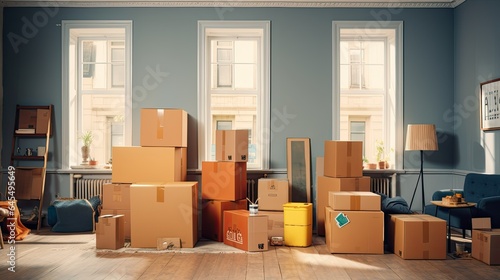 boxes and various household items neatly arranged indoors, ready for the big move. The scene showcases the anticipation and planning that go into a moving day. © lililia