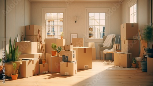 boxes and various household items neatly arranged indoors, ready for the big move. The scene showcases the anticipation and planning that go into a moving day. © lililia