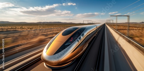 Fast express passenger train, futuristic conceptual technology on high speed railway.