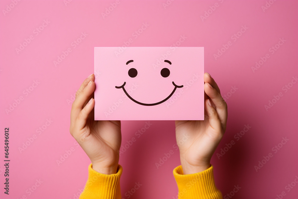 Obraz premium First person top view of Valentine's day express delivery card in girl's hands holding pink envelope with letter with lovely smile on pink background. Sending love romantic or friendship concept