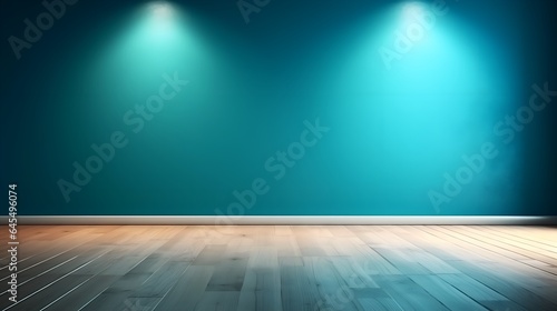 Turquoise Oasis: Interior Background with Glare on Empty Wall and Wooden Floor, Product Presentation, Background © Konrad