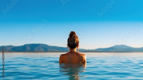 back view woman swimming enjoying sea view