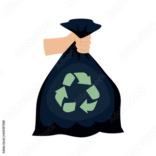bags waste, garbage black plastic bag in hand isolated on blue background, bin bag plastic black for disposal garbage.