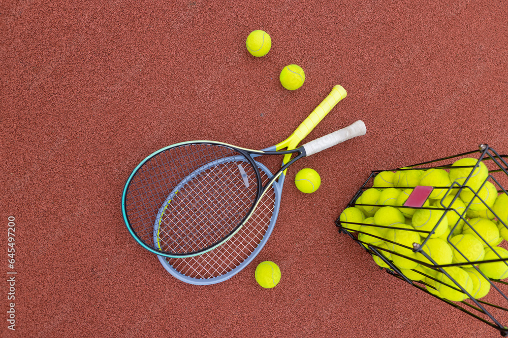 two tennis rackets on a court with balls